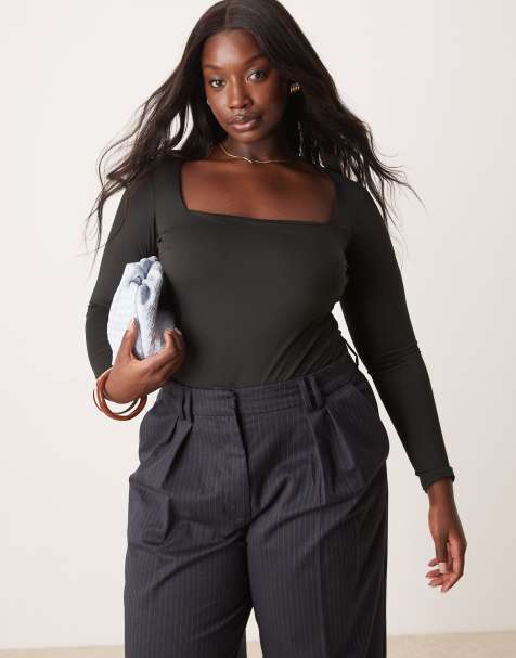 New Look Curve - Body a maniche lunghe nero con scollo squadrato - view 1