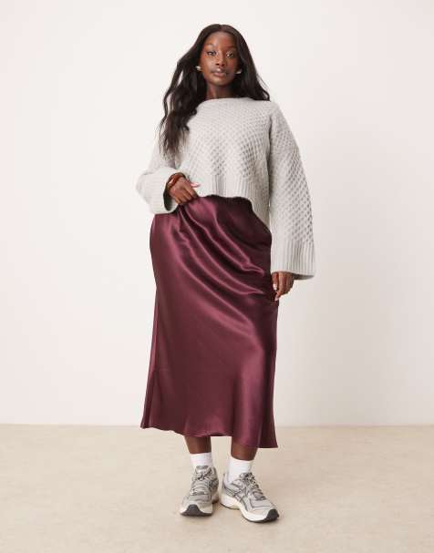 New Look Curve - Bordeaux midinederdel i skråtskåret satin - view 1