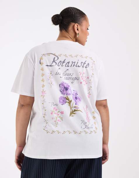 New Look Curve 'Botaniste' floral printed oversized tee in white - view 1