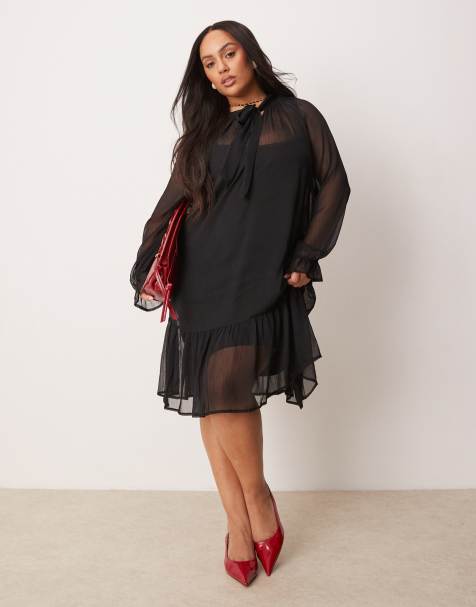 New Look Curve bow chiffon mini dress in black - view 1