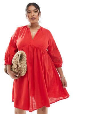 New Look Plus New Look Curve broderie sleeve smock mini dress in red