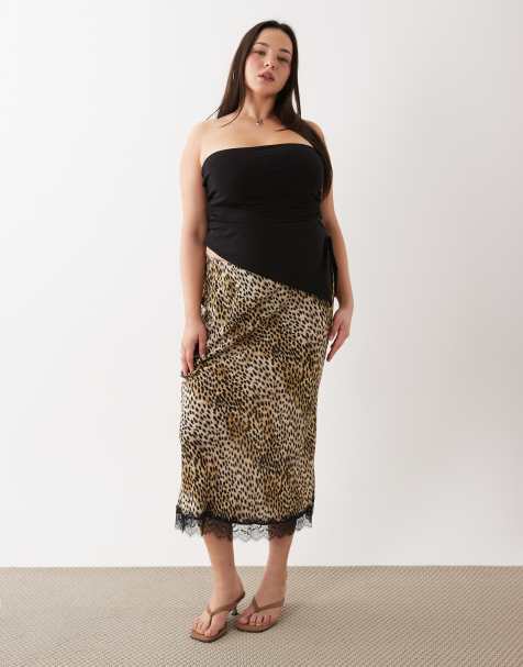 New Look Curve - Brun midinederdel i satin med leopardprint og blondekant - view 1