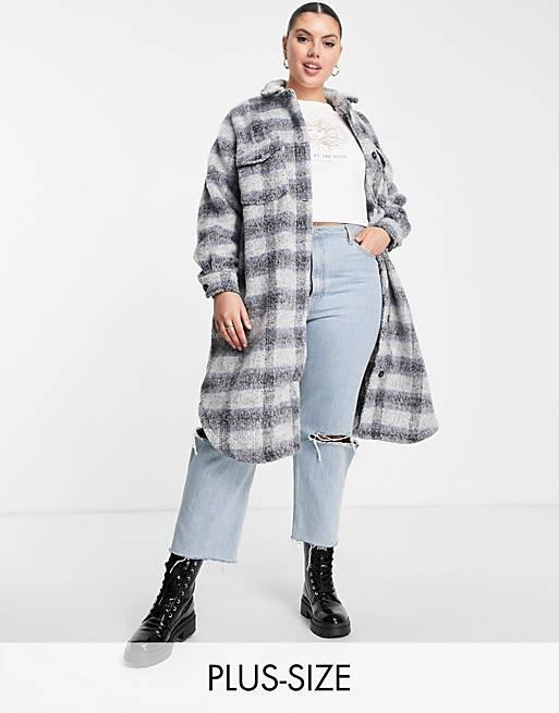 Coats & Jackets New Look Curve brushed midi shacket in blue check 