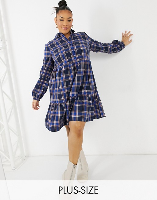 New Look Curve button front check smock mini dress in blue pattern