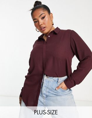 New Look Curve button through shirt in burgundy - ASOS Price Checker
