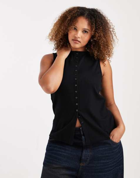 New Look Curve boat neck button through tank top in black