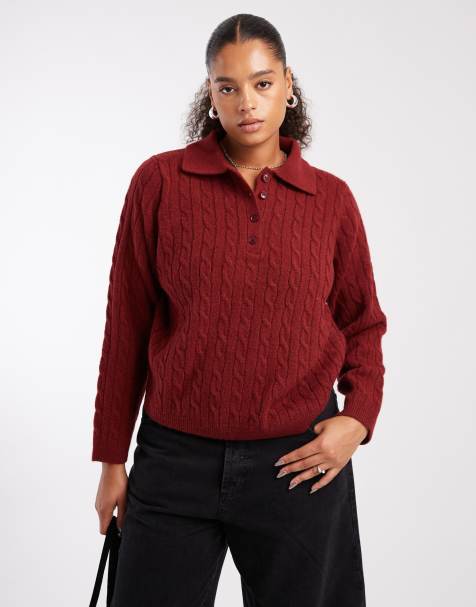 New Look Curve cable knit polo jumper in red
