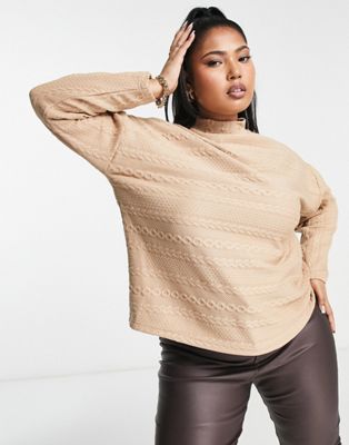 New Look Curve cable roll neck jumper in camel-Neutral
