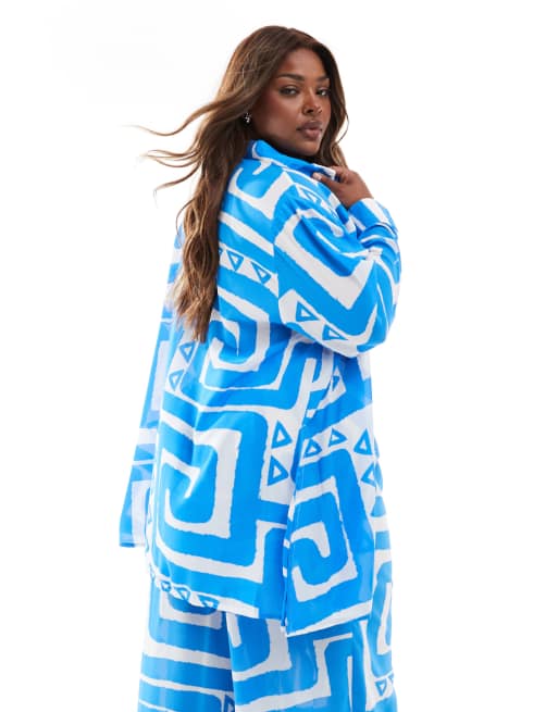 New Look Curve - Camicia da mare con motivo fantasia blu in coordinato, 4 di 4