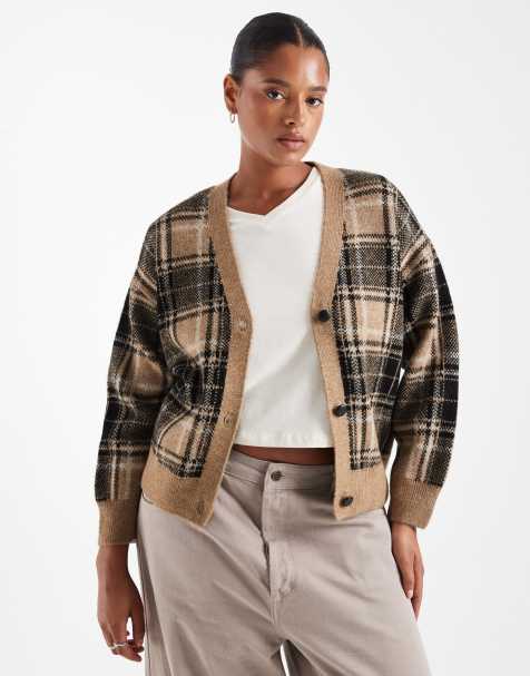New Look Curve check button down cardigan in brown - view 1