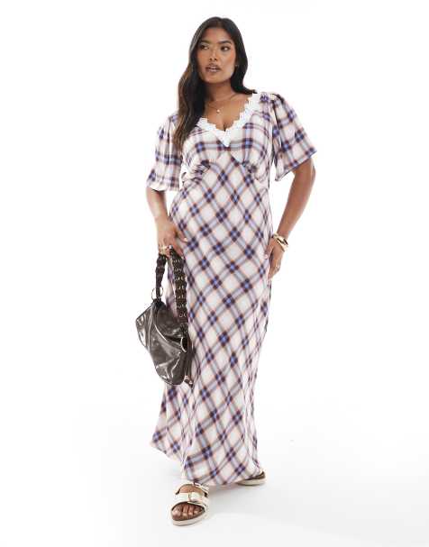 New Look Curve check flutter sleeve midi dress in cream - view 1