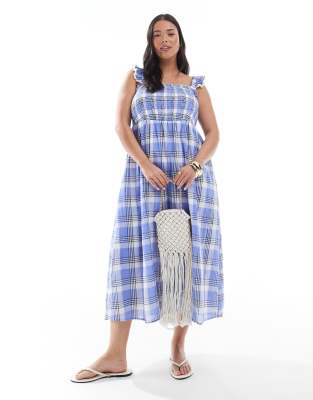 New Look Plus New Look Curve check shirred frill sleeve midi dress in blue