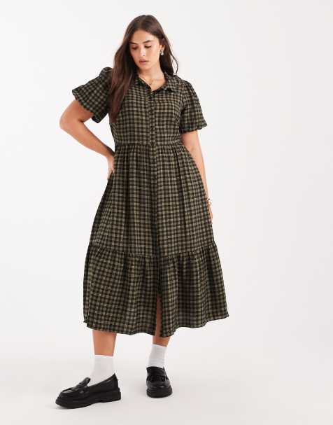 New Look Curve check shirt midi dress in green - view 1