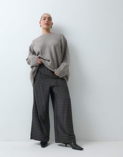 New Look Curve check wide leg pants in black - view 1