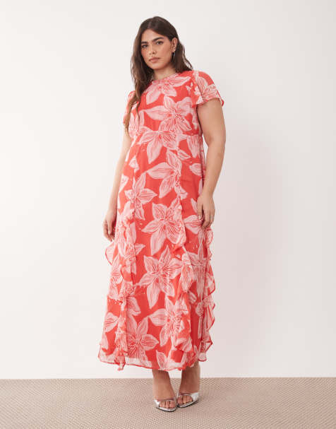 New Look Curve – Chiffon-Midikleid in Rosa mit Blumenmuster und Godet-Details - view 1