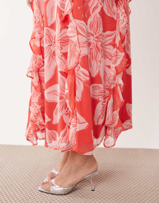 New Look Curve – Chiffon-Midikleid in Rosa mit Blumenmuster und Godet-Details, 3 von 4