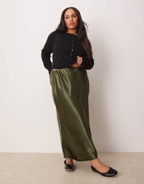 New Look Curve – Cięta ze skosu satynowa spódnica midi w kolorze khaki - view 1