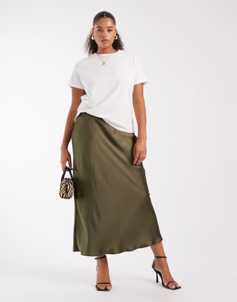 New Look Curve – Cięta ze skosu, satynowa spódnica midi w kolorze khaki - view 1