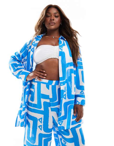 New Look Curve co-ord swirl pattern beach shirt in blue - view 1