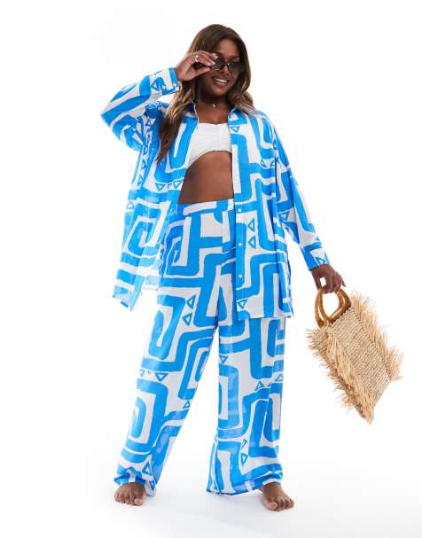 New Look Curve co-ord swirl pattern beach shirt & trouser in blue - view 1