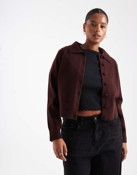 New Look Curve collared cardigan in dark burgundy - view 1
