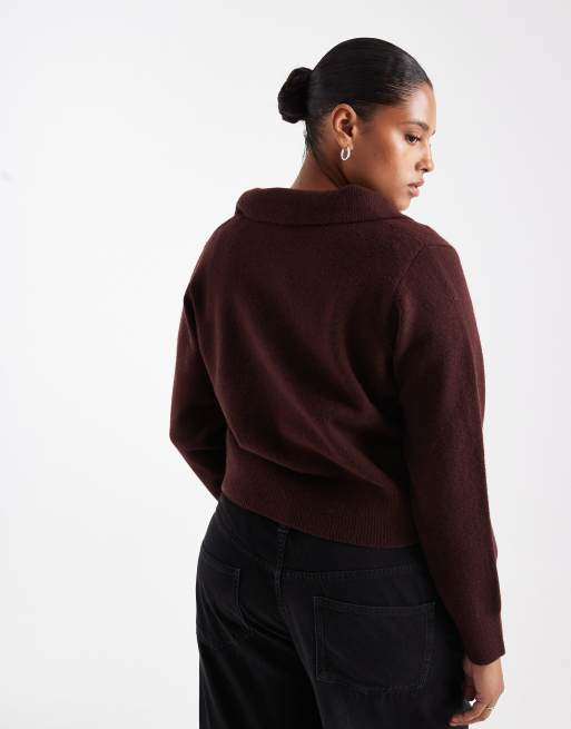 New Look Curve collared cardigan in dark burgundy, 3 of 4