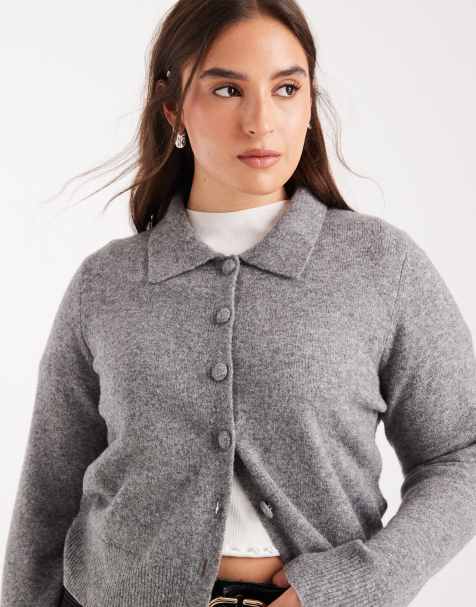New Look Curve collared cardigan in mid grey