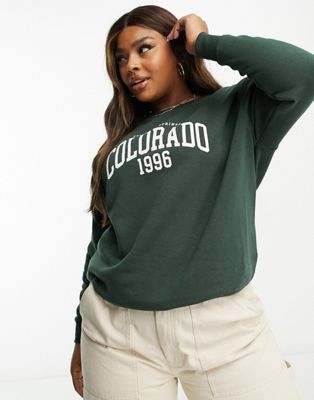 New Look Curve Colorado slogan sweatshirt in dark green