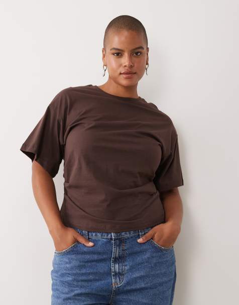 New Look Curve corset ruched detail t-shirt in dark brown - view 1
