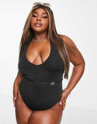 New Look Curve - Costume da bagno allacciato al collo con cintura nero glitterato mare donna Nero