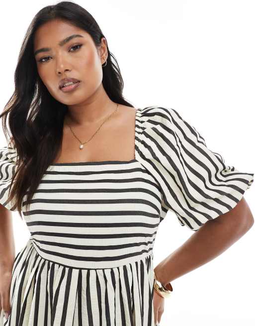 New Look Curve - Cremefarvet milkmaid-midikjole med pufærmer og striber, 2 af 4