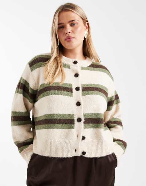 New Look Curve - Cremehvid cardigan med kakigrønne striber - view 1