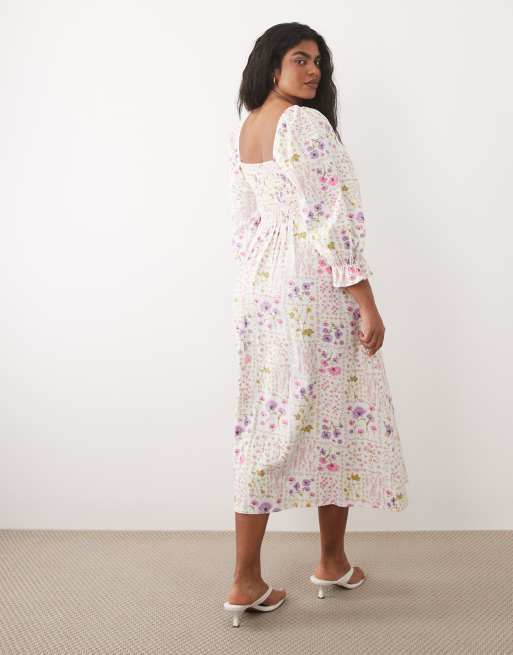 New Look Curve - Cremehvid midikjole med rynker og blomstermønster, 4 af 4