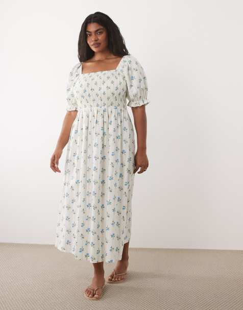 New Look Curve - Cremehvid milkmaid-midikjole med flæser og blomstermønster - view 1