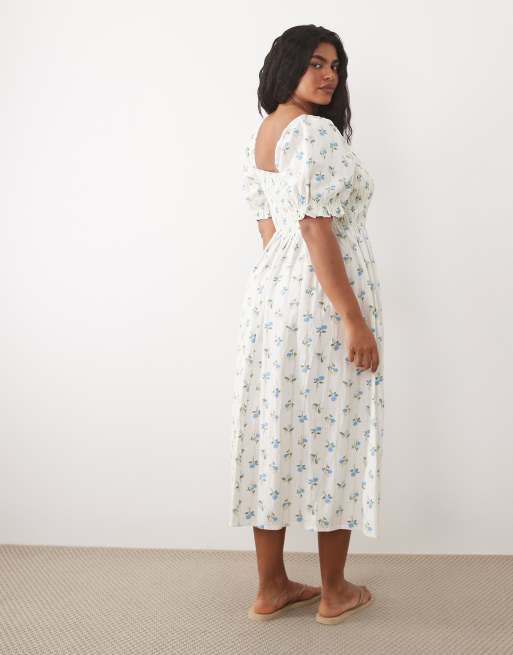 New Look Curve - Cremehvid milkmaid-midikjole med flæser og blomstermønster, 4 af 4
