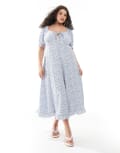 [New Look Plus] New Look Curve crinkle milkmaid midi dress in blue floral 20 Blue pattern