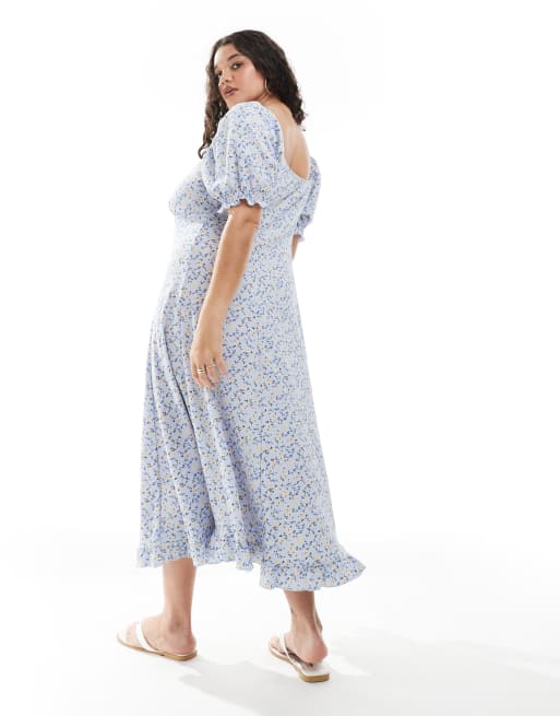 New Look Curve crinkle milkmaid midi dress in blue floral, 4 of 4