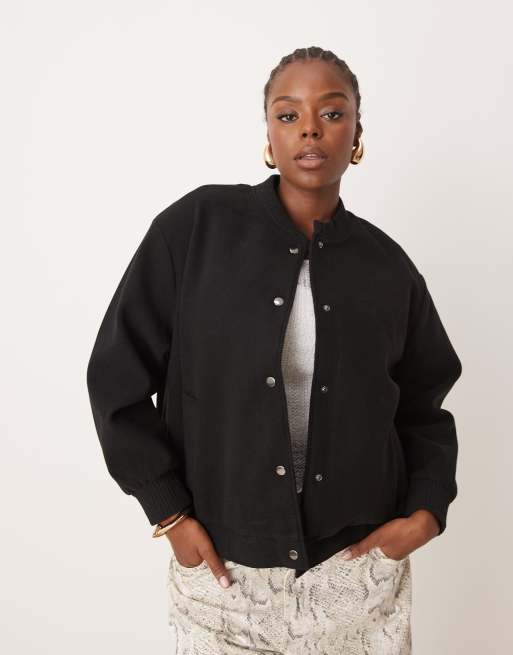 New Look Curve cropped popper bomber jacket in black ASOS