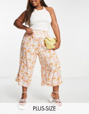 New Look Curve cropped wide leg trouser in orange floral