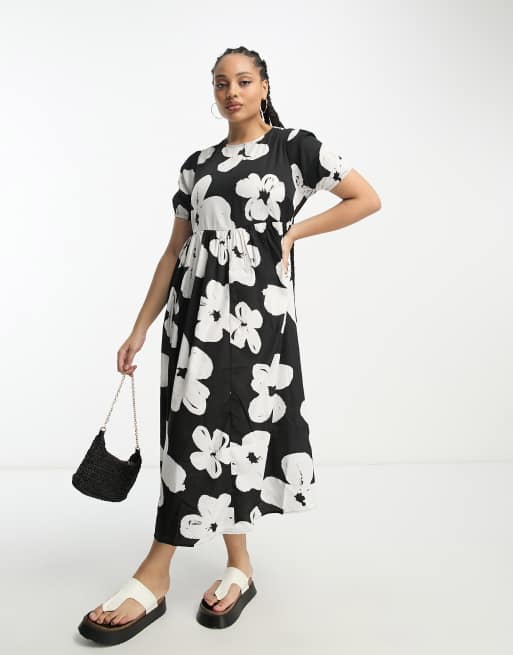 New Look Curve – Czarna luźna sukienka mini w kwiatowy wzór