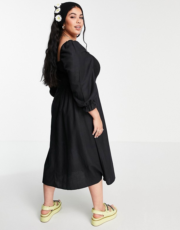 New Look Curve – Czarna marszczona sukienka midi z teksturowanego materiału z długim rękawem Black Ogromna Niespodzianka 