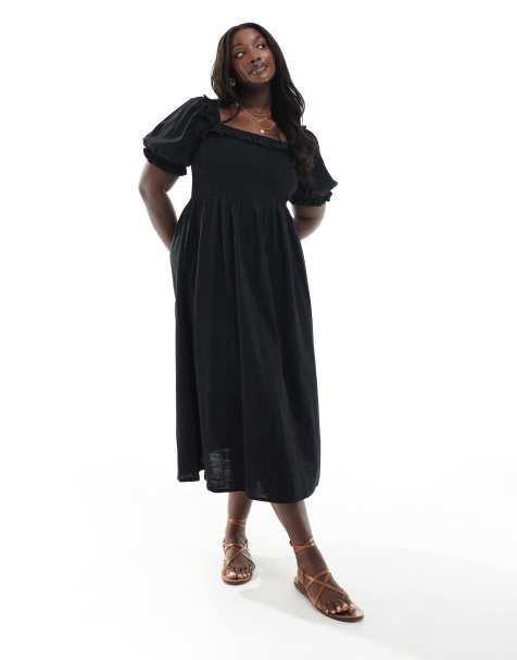 New Look Curve – Czarna sukienka midi typu milkmaid z bufkami - view 1