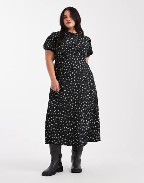 New Look Curve – Czarna sukienka midi w drobny kwiatowy wzór - view 1