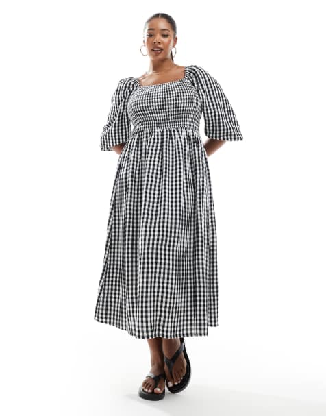 New Look Curve – Czarna sukienka midi z długimi rękawami i wzorem w kratkę vichy - view 1