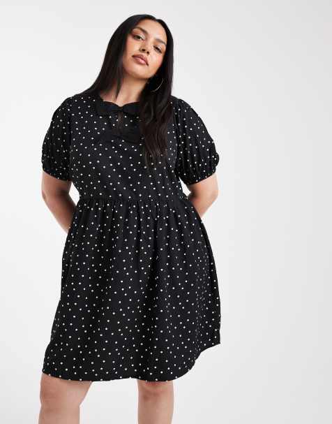 New Look Curve – Czarna sukienka mini w groszki z kokardą z przodu - view 1