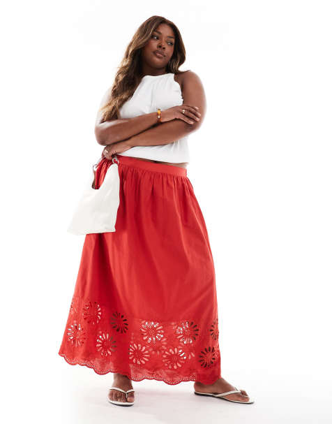 New Look Curve embroidered hem midi skirt in red