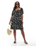 [New Look Plus] New Look Curve daisy print milkmaid mini dress in black 22 Black pattern