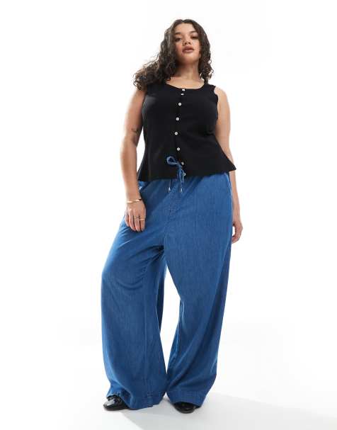 New Look Curve denim pull on wide leg trousers in blue - view 1