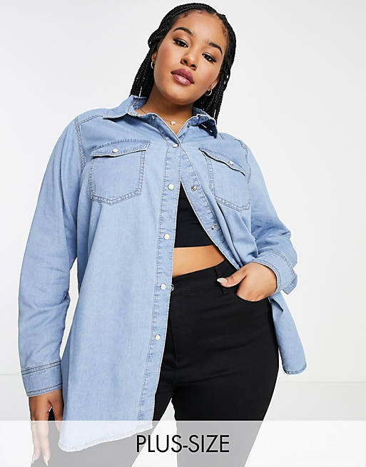 New Look Curve denim shirt in mid blue