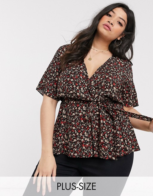 New Look Curve ditsy floral peplum wrap top in black